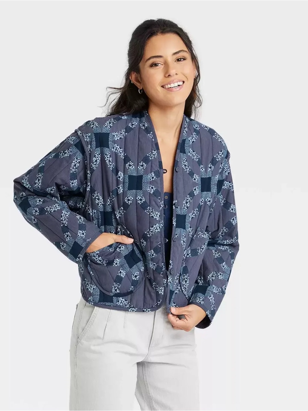 Universal Thread Quilted Navy Patterned Bomber Jacket Grandma Jacket
